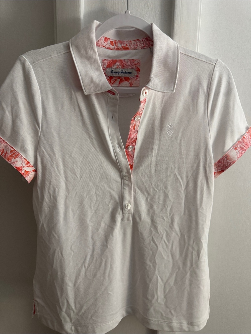 Tommy Bahama White Polo with Coral-Print Trim